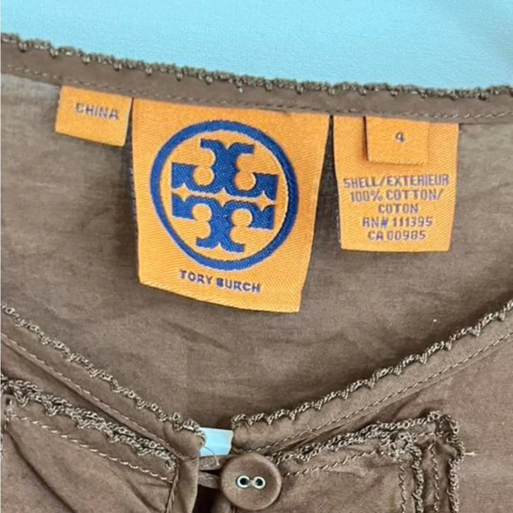 Tory Burch Brown Sleeveless Ruffle-Front Tank with Pink Yellow Embroidery Size 4